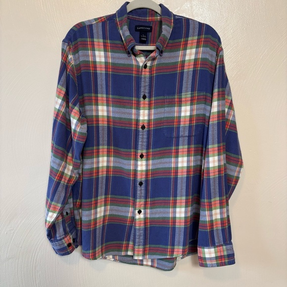 Lands End Men's Flannel Shirt Button Down Baumwolle Blue‎ Green Plaid Size Large - Picture 1 of 2